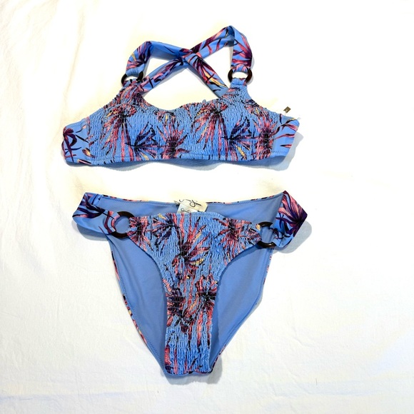 Jessica Simpson Palmy Days Smocked O-ring Bikini Top Bottom L/M Lilac Palm Tree - Picture 4 of 14